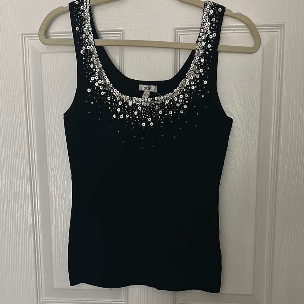 Cache Elegant Black Sequin Embellished Rayon Tank Top
